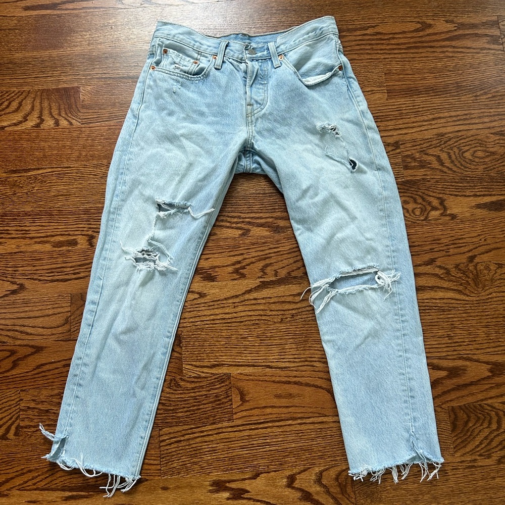 Levi's Blue Ankle Cropped Jeans with Distressed Details